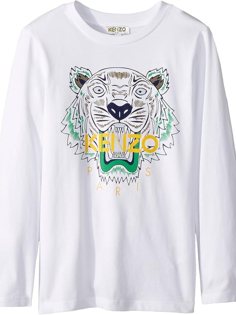 Kenzo White Long-Sleeve Tiger Tee with Green & Yellow Accents